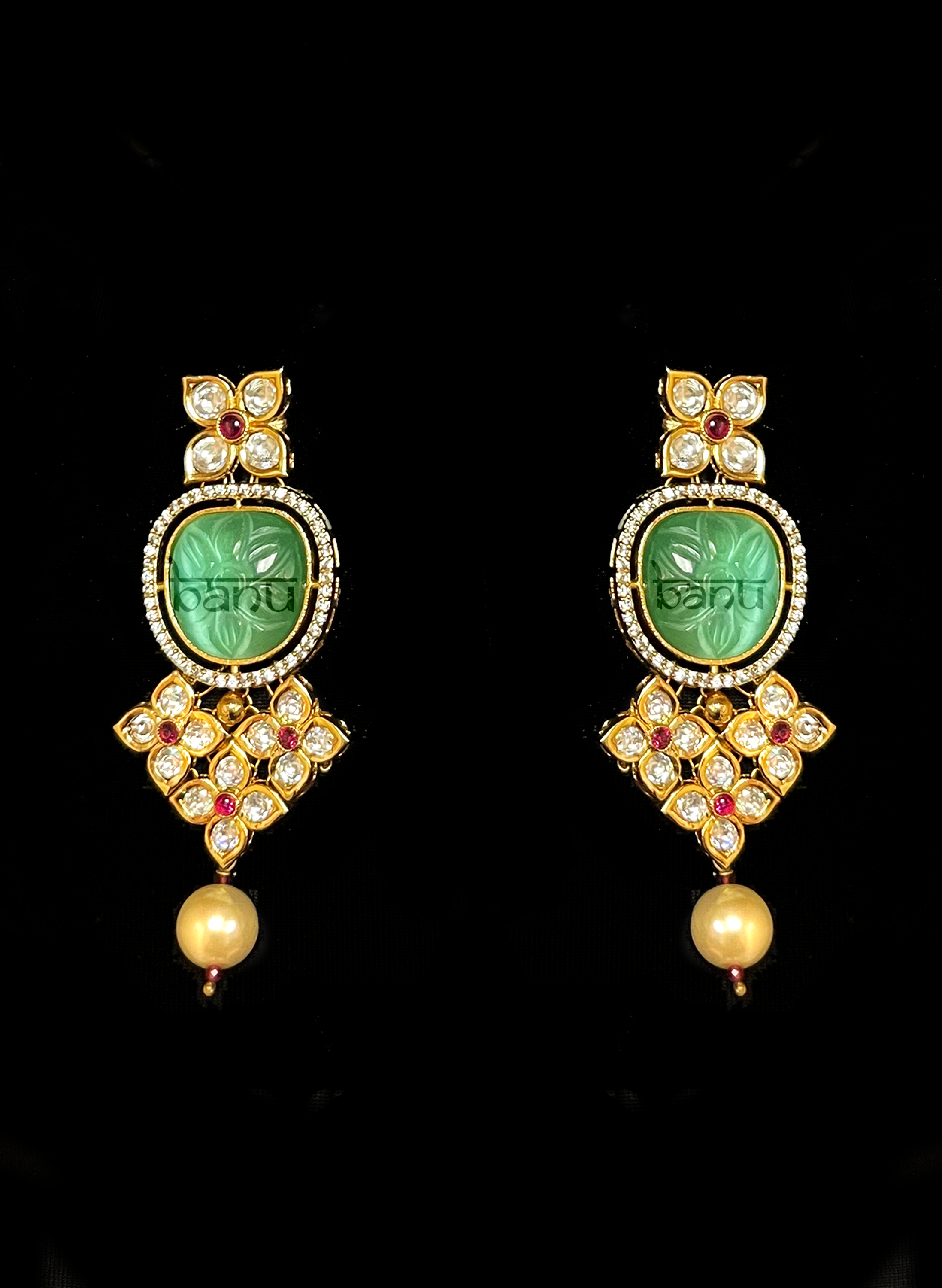 Green gemstone earring with Kundan stones and pearl drops