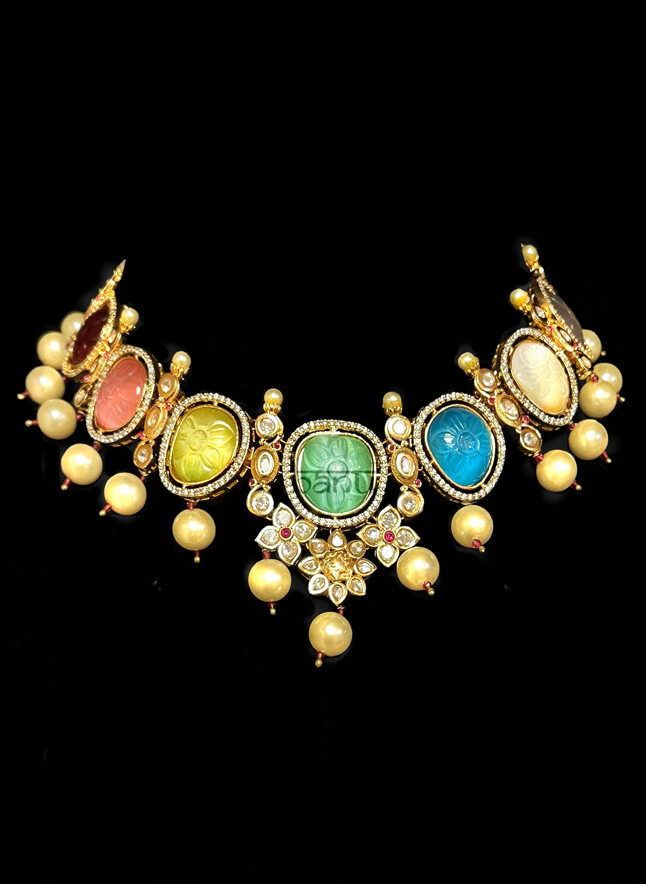 Navratna choker necklace with kundan and pear drops