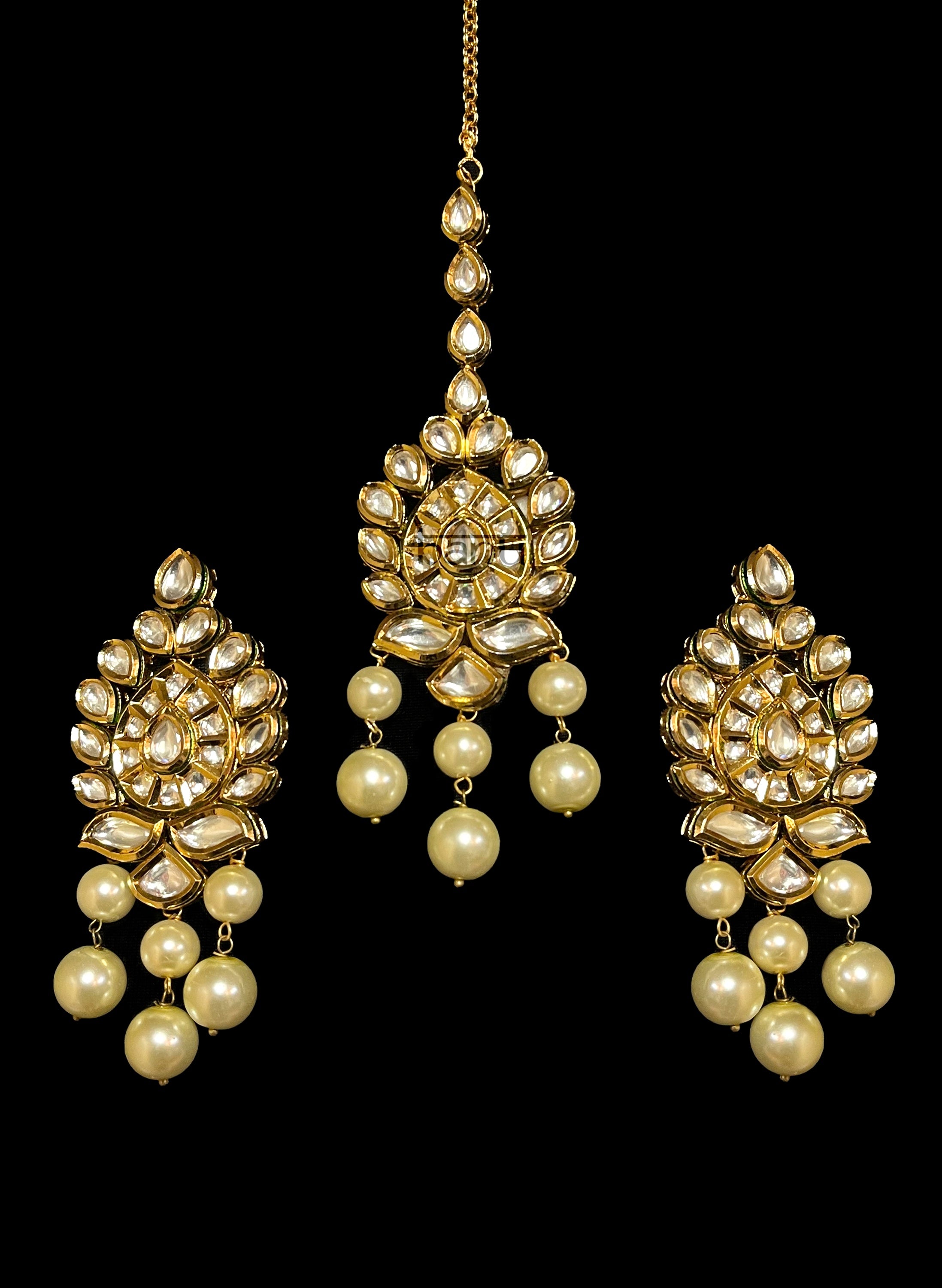 Modern bridal jewelry - Pearled Jhumka earring with Kundan Maang Teekah