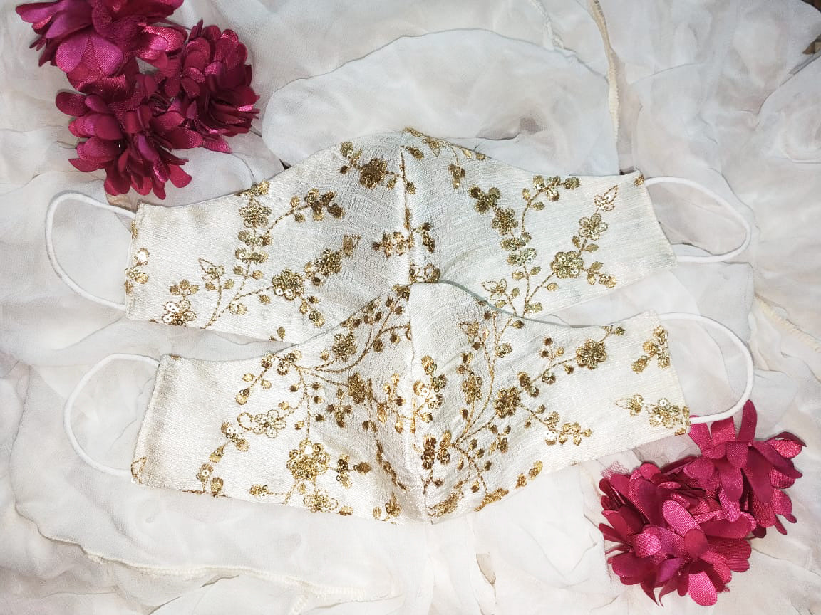 Bridal Silk Embroidery Face Mask - Off White (Cream) - bAnuDesigns