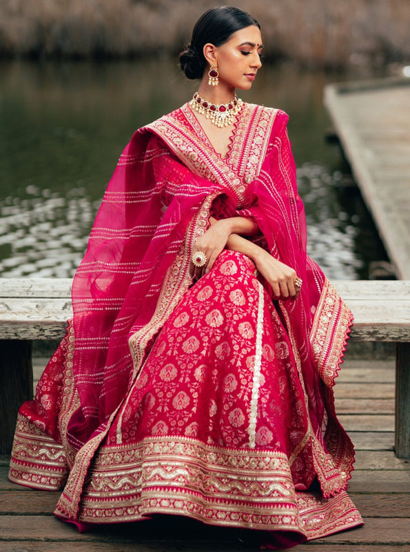 Traditional Fusia Pink Brocade Lehenga choli with embellished border