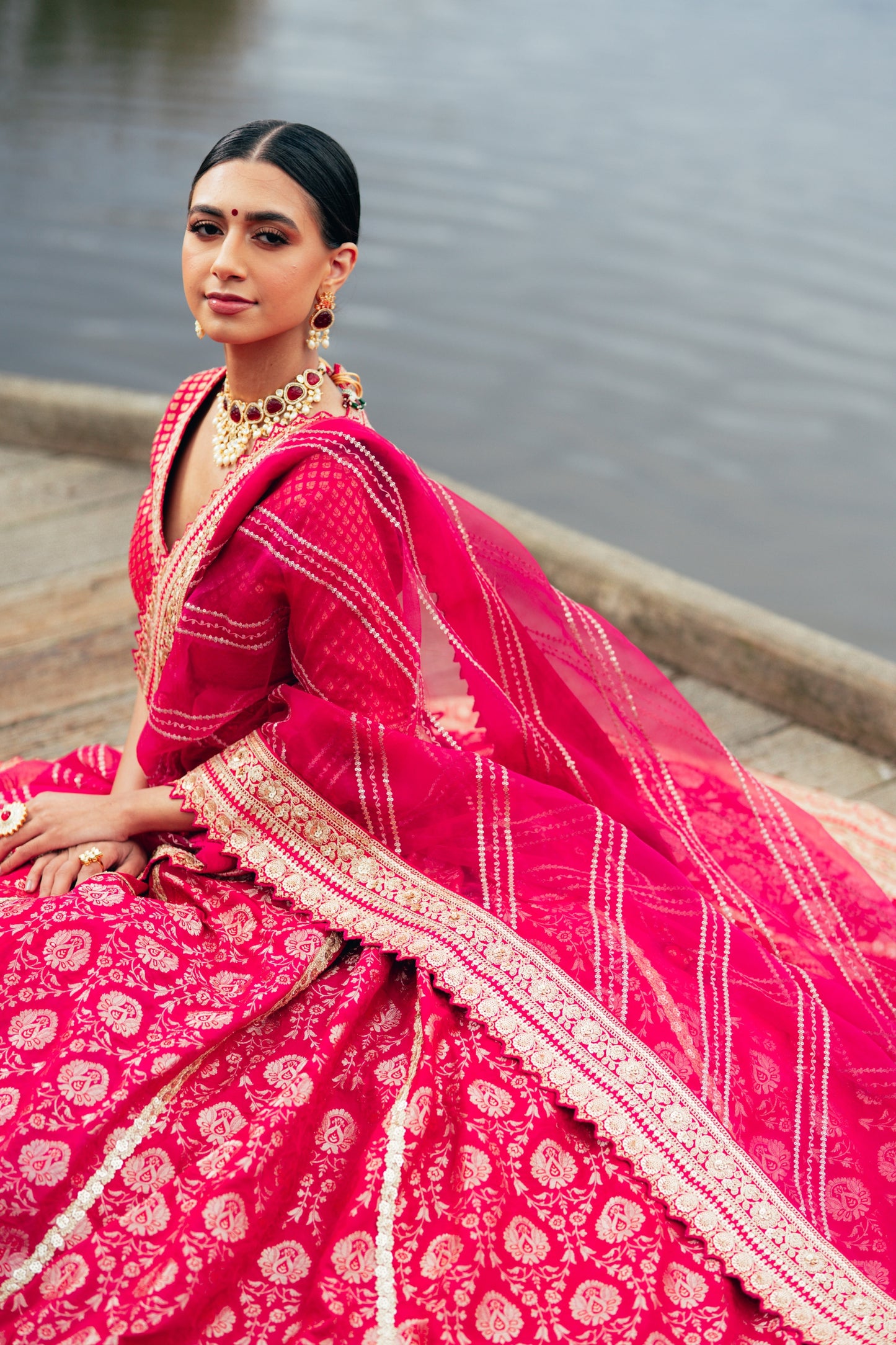 Traditional Fusia Pink Brocade Lehenga choli with embellished border