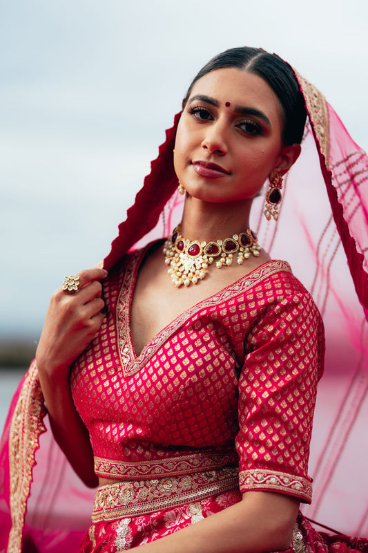 Traditional Fusia Pink Brocade Lehenga choli with embellished border