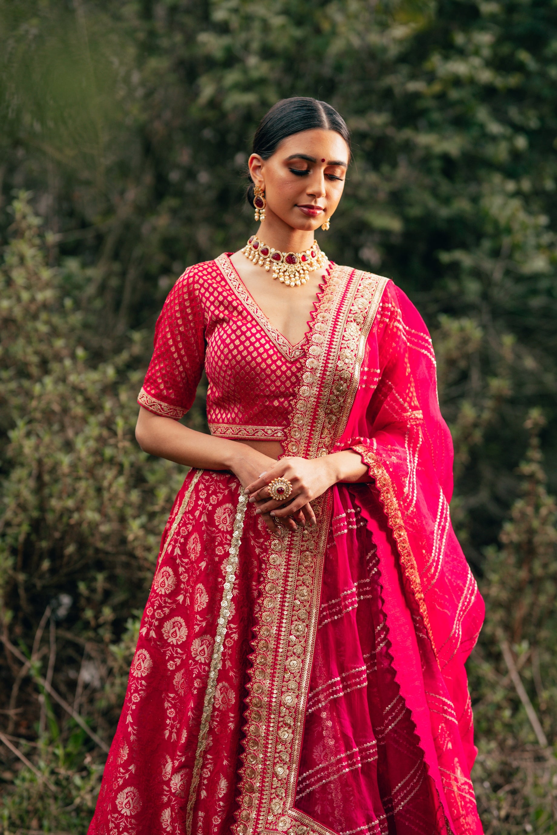 Traditional Fusia Pink Brocade Lehenga choli with embellished border