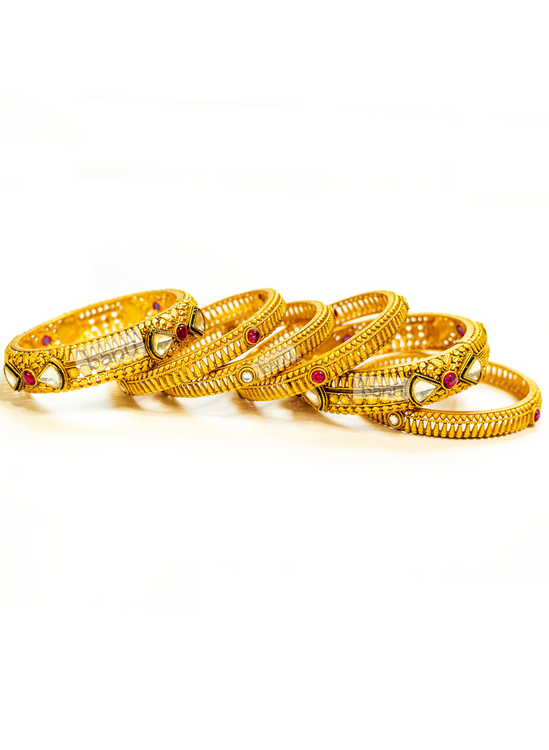 Load image into Gallery viewer, Six Gold bangles with Ruby Stones &amp;amp; Kundans

