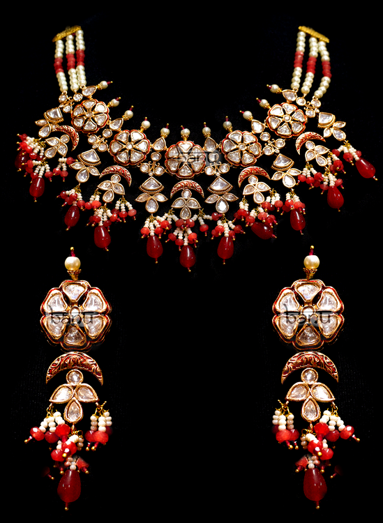 Soraya II - Crystal Kundan, Red Pearl and Ruby Necklace Set