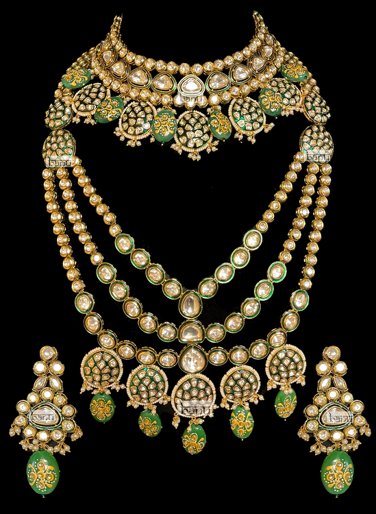 Load image into Gallery viewer, Kundan Bridal Choker Set, Long Rani Haar &amp;amp; Earrings w/ Emerald Drops
