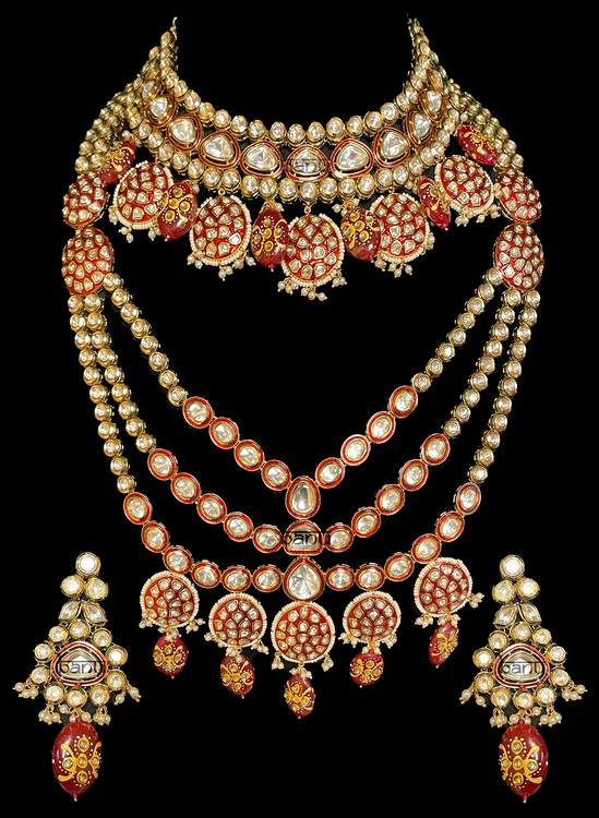 Load image into Gallery viewer, Devika I - Modern Indian Kundan Bridal Jewelry Set w/ Red Meenakari &amp;amp; Ruby
