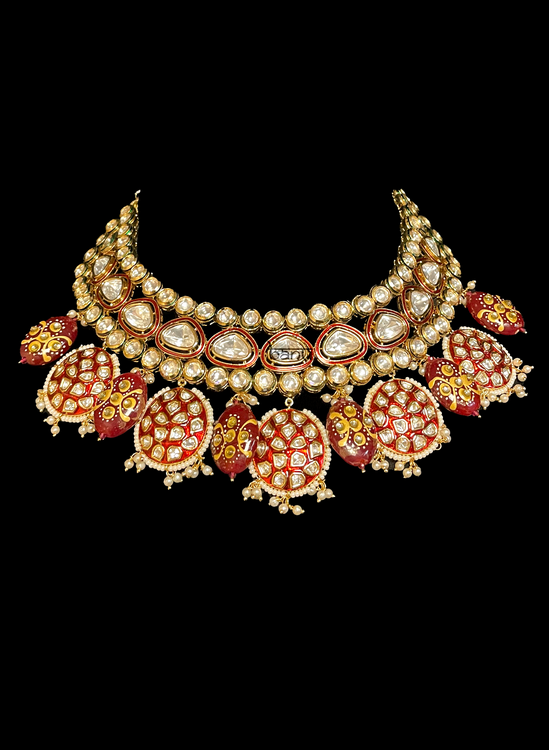 Load image into Gallery viewer, Devika I - Modern Indian Kundan Bridal Jewelry Set w/ Red Meenakari &amp;amp; Ruby
