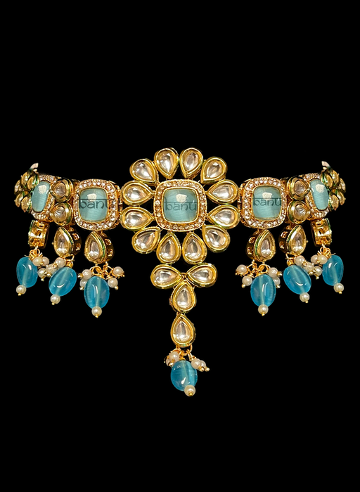 Nayana II - Gold-plated Modern Indian Bridal Set w/ Kundan & Blue Onyx Gems