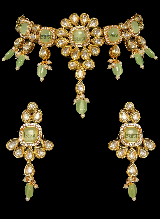 Nayana III - Modern Indian Jewelry of Green Rock Choker & Jhumka Earrings