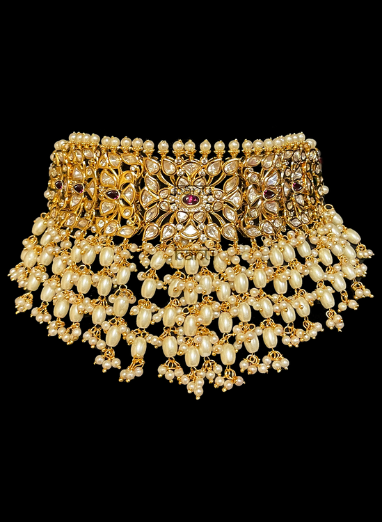 Saras - Cluster Pearl Indian Bridal Choker Set w/ Kundan Gemstones & Rubies