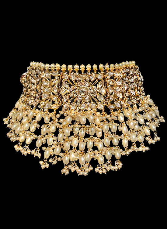 Saras I - Indian Women's Luxurious Pearl Bridal Choker Set w/ Kundan Gemstones