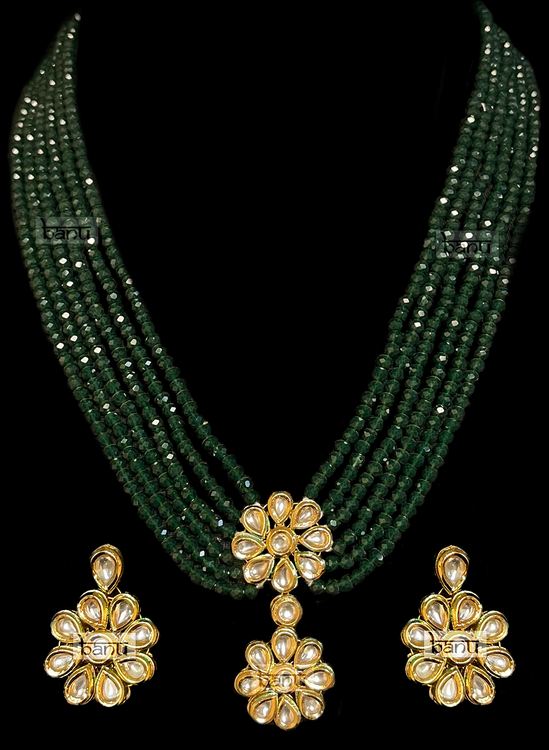 Zavia I - Multilayer Green Bridal Necklace w/ Kundan Pendant & Earrings
