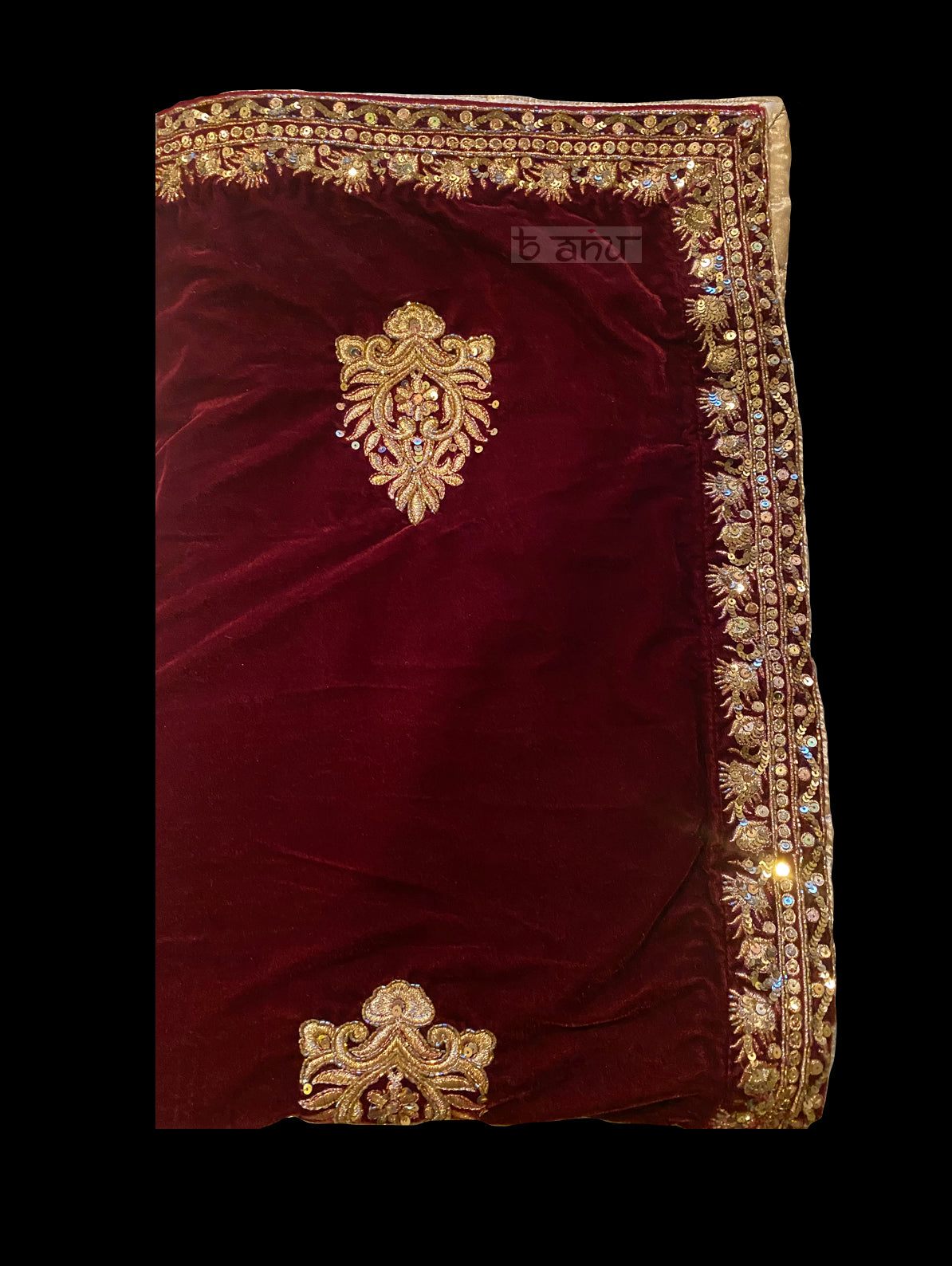 Maroon Velvet Shawl -Small Pattern Fully Embroidered - bAnuDesigns