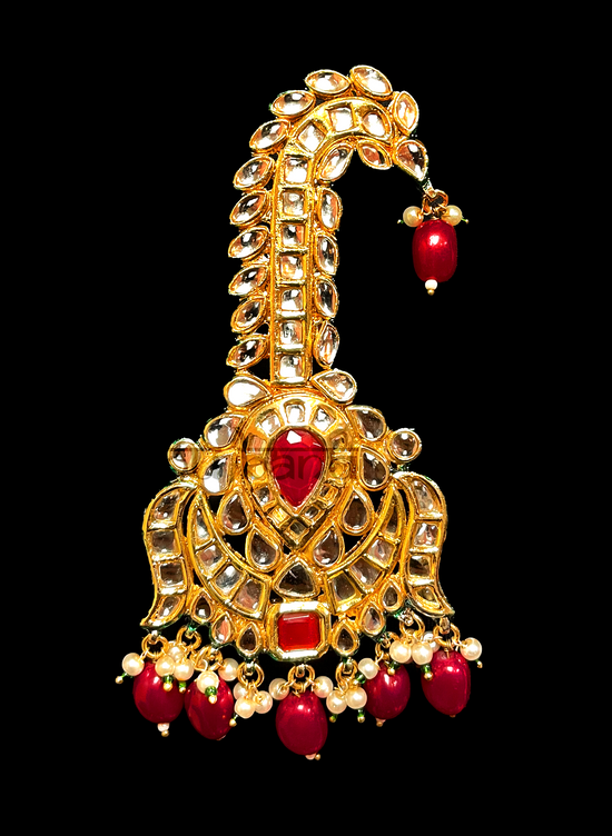 Load image into Gallery viewer, Punjabi pagri jewelry - Kalgi with Ruby &amp;amp; Pearls
