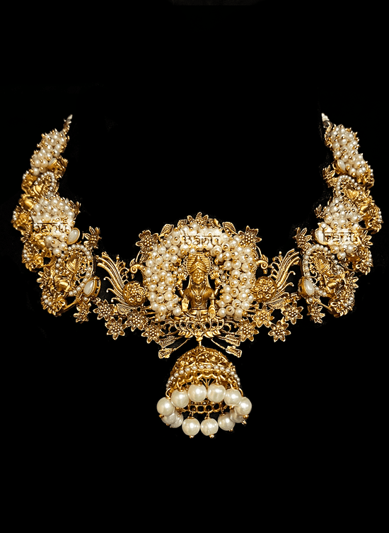 Load image into Gallery viewer, Mugdha - South Indian Temple Jewelry w/ Cluster Pearls &amp;amp; Goddess Motif work
