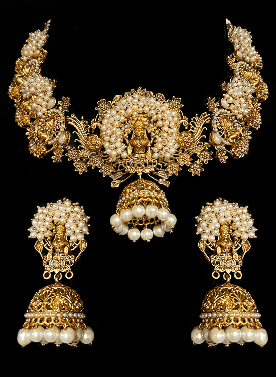 Load image into Gallery viewer, Mugdha - South Indian Temple Jewelry w/ Cluster Pearls &amp;amp; Goddess Motif work
