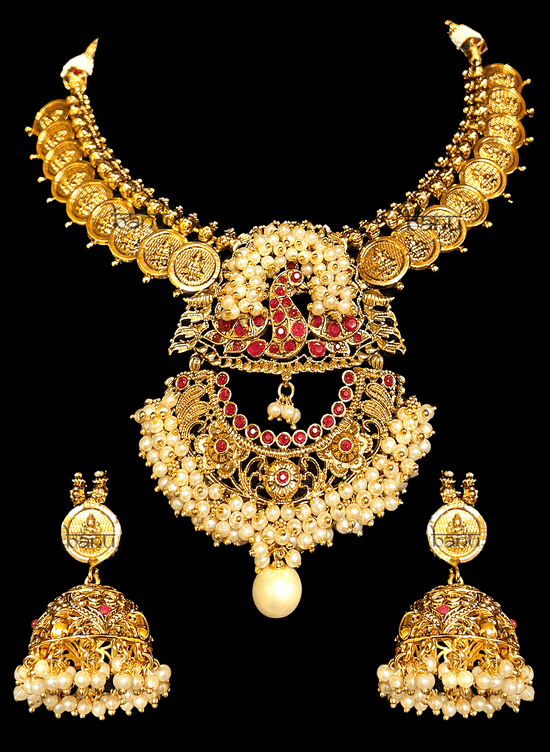 Load image into Gallery viewer, Kedar - Traditional Coin Temple Jewelry w/ Cluster Pearls &amp;amp; Ruby Peacock work
