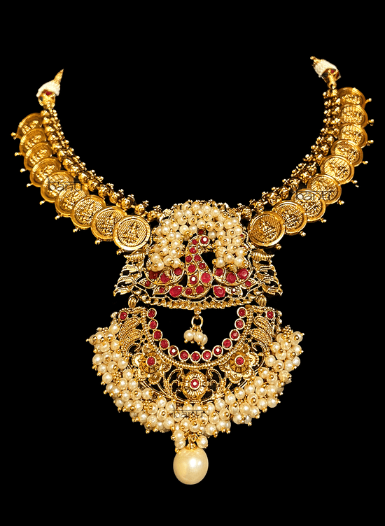 Kedar - Traditional Coin Temple Jewelry w/ Cluster Pearls & Ruby Peacock work