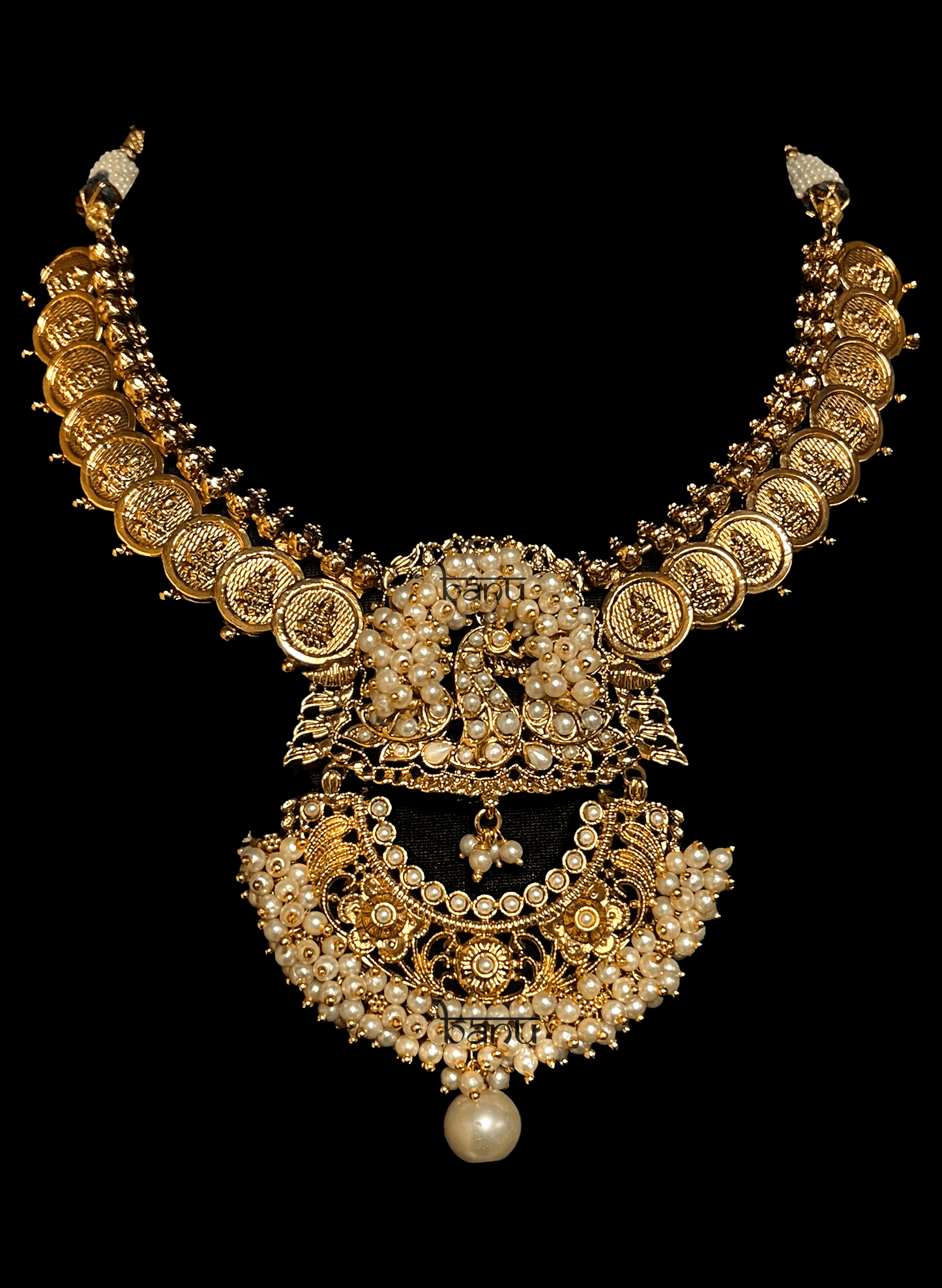 Kedar I - South Indian Coin Temple Jewelry w/ Pearls & Peacock Pendant
