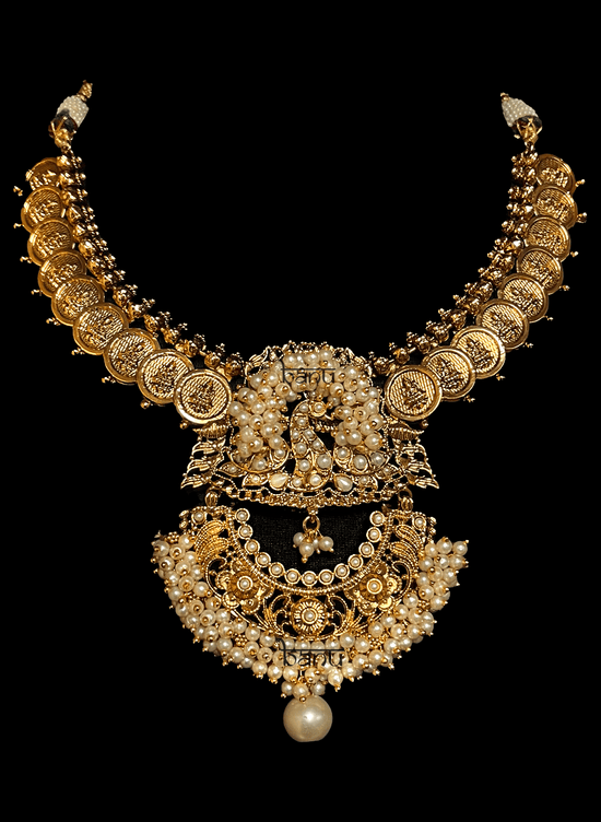 Kedar I - South Indian Coin Temple Jewelry w/ Pearls & Peacock Pendant