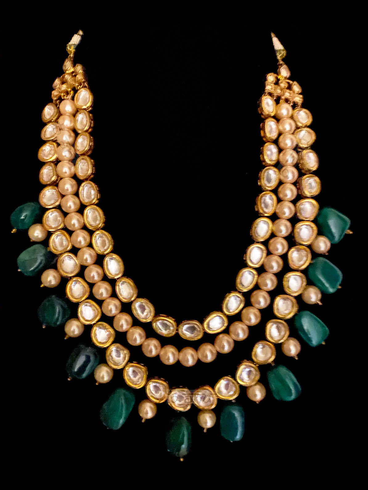 Trinity Multi-layered Necklace With Emeralds & Kundan - bAnuDesigns