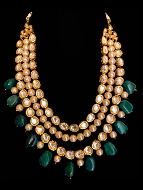 Load image into Gallery viewer, Trinity Multi-layered Necklace With Emeralds &amp;amp; Kundan - bAnuDesigns
